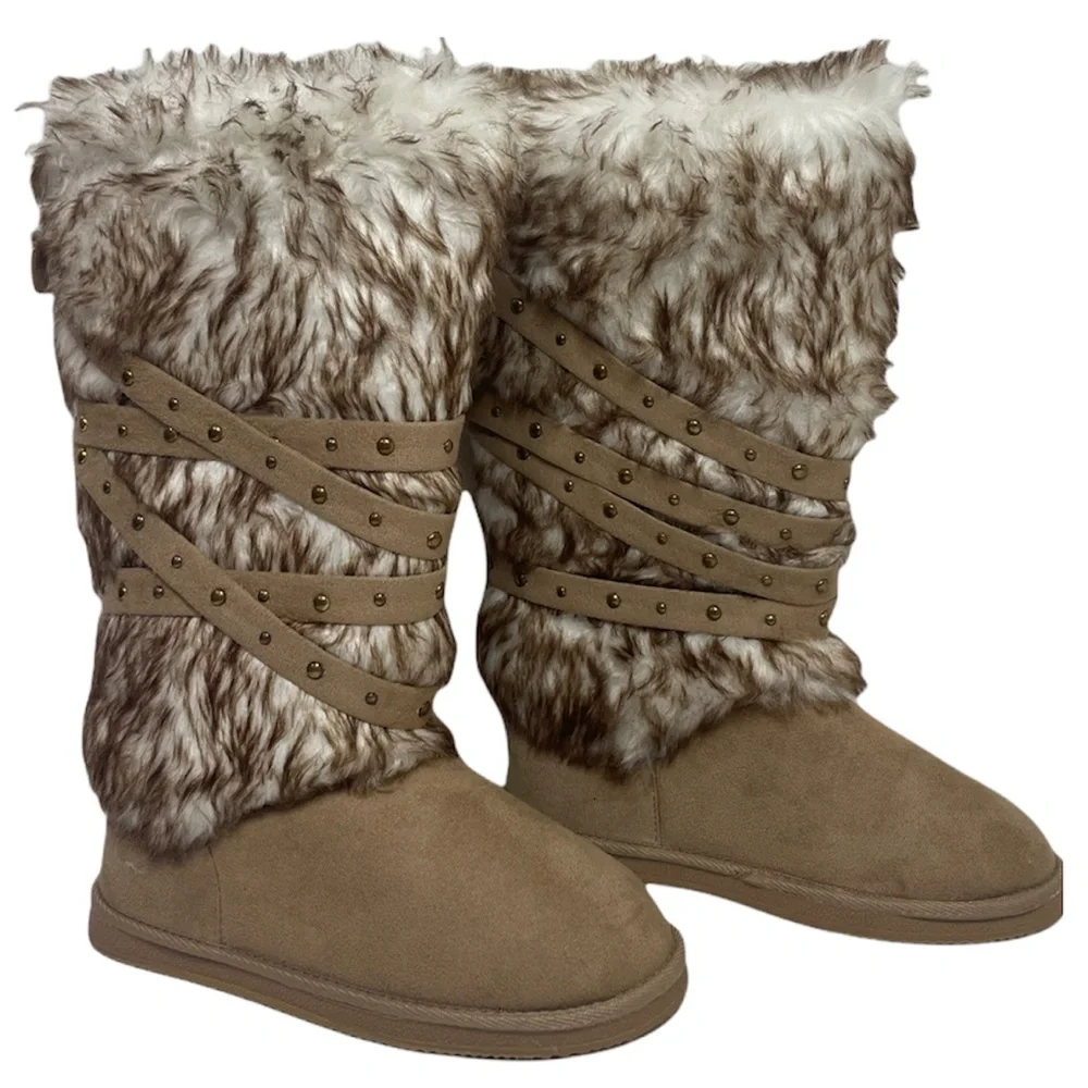 Fur Boots Knee High Strappy Fleece Lined Chunky Eskimo Winter Snow Boots Size 8